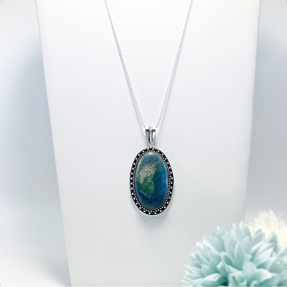 Large Chunky Shattuckite Pendant Necklace Sterling Silver 925 Oval Vintage New - Picture 2 of 6